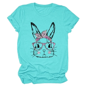 Detailed view of turquoise T-shirt featuring a cute bunny with pink leopard print glasses