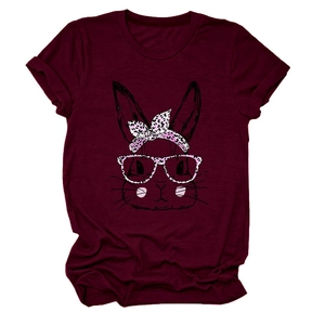 Detailed flat lay of burgundy crew neck T-shirt with cute pink leopard print bunny design