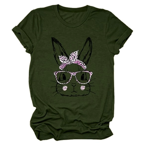 Detail of dark green t-shirt with pink leopard print rabbit graphic on cotton fabric