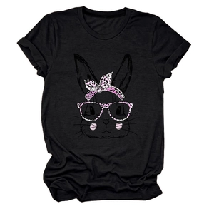 Detailed view of women's black cotton t-shirt featuring a pink leopard print rabbit design