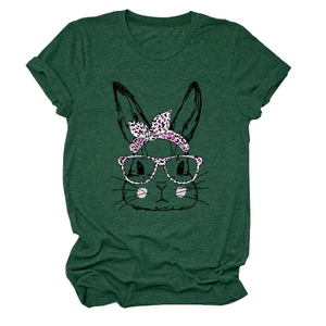 Detail of cartoon rabbit print with pink leopard glasses on dark green cotton T-shirt