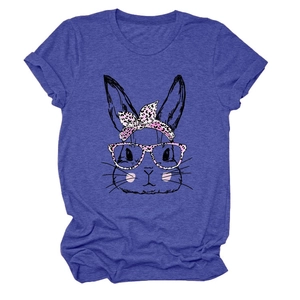 Close-up of women's purple t-shirt with cute pink leopard print bunny graphic
