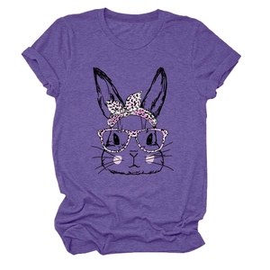 Detail of soft purple T-shirt fabric featuring a creative bunny with pink leopard glasses