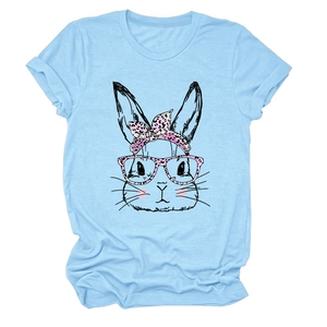 Light blue crew neck T-shirt with hand-drawn rabbit in pink leopard bow and glasses