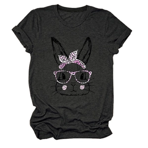 Detail of grey short sleeve T-shirt with pink leopard bunny print and crew neck