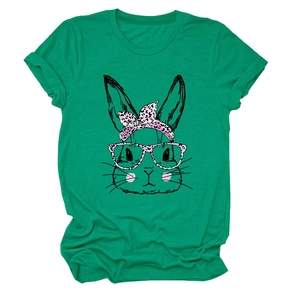 Detail of green cotton T-shirt featuring a rabbit print with pink leopard bow tie