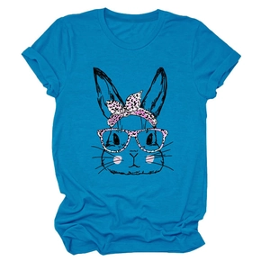Detail of sky blue round neck t-shirt featuring a cute cartoon rabbit with pink leopard bow