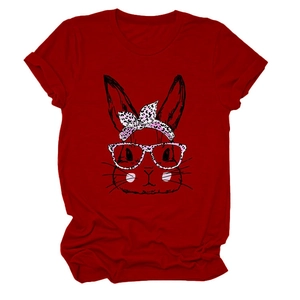 Detail of round neck pink leopard bunny print on dark red cotton short sleeve T-shirt