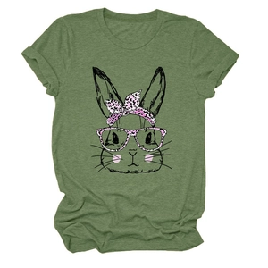 Close-up of army green t-shirt with cute rabbit wearing pink leopard bow and glasses