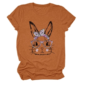 Detail of burnt orange t-shirt featuring a playful rabbit with pink leopard glasses