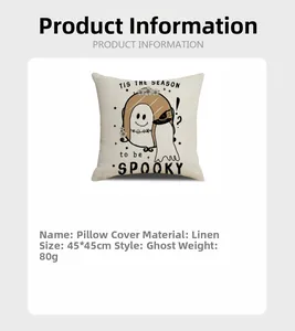 Linen Halloween pillow cover detail with ghost pattern, size 45x45cm and 80g weight