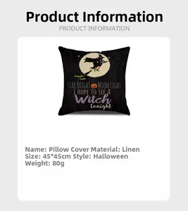 Detail of Halloween witch pillow cover, black linen texture, sized 45x45cm for decor