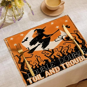 Halloween Leinen Tischsets Hitzebeständige Tischmatten Mit Gespenst Kürbis Hexe Mustern Für Küche Esszimmer Party Feiertag Deko