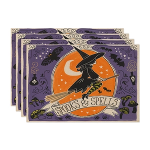 4er-Set Halloween Leinen Tischsets mit Hexe und Fledermaus Motiven für die Festtafel