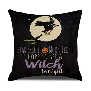 Halloween square pillow cover with flying witch, pumpkin and starry moon on black linen