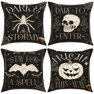 Lot de 4 housses de coussin Halloween en lin avec motifs araignée, crâne, chauve-souris et citrouille