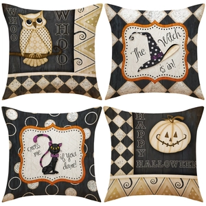 Set of four vintage Halloween pillow covers with owl, witch hat, black cat and pumpkin