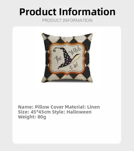 Detail of linen Halloween pillow cover featuring witch hat print and black white harlequin pattern