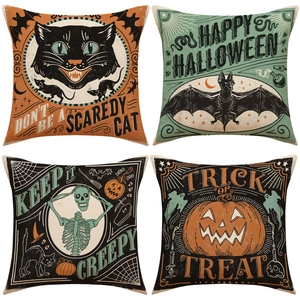 Funda de Cojín de Halloween Vintage Gato Negro Murciélago Calavera Calabaza Ilustración Efecto Lino Decorativa para Sofá