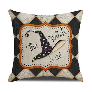 Halloween witch hat pillow cover with black white diamond pattern and orange wavy border