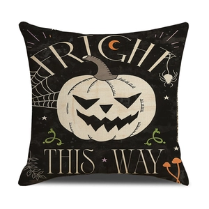Housse de coussin Halloween en lin noir avec citrouille et texte Fright This Way