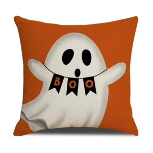 Halloween Geister-Kissenbezug mit BOO-Druck auf orangefarbenem Leinen für Sofadeko