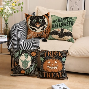 Juego de 4 fundas de cojín de lino para Halloween con gato negro, murciélago y calabaza