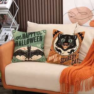 Fundas de cojín de Halloween en lino con diseños vintage de gatos negros y murciélagos