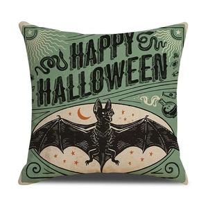Funda de cojín Halloween verde vintage con murciélago, luna y estampados