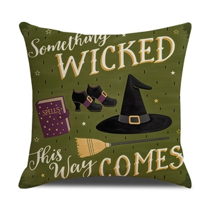 Vintage green linen Halloween pillow cover with wicked spells and witch hat design