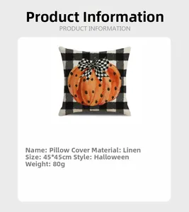 Detail showing 45x45cm linen Halloween pillowcase with orange pumpkin and plaid bow