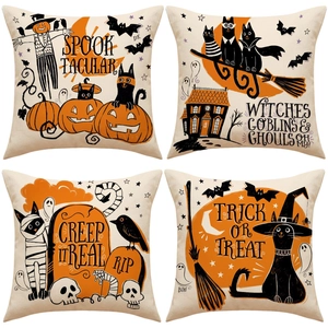 Halloween Pillowcase Linen Throw Pillow Cover Pumpkin Ghost Bat Black Cat Printed For Sofa Home Decor Cushion Case