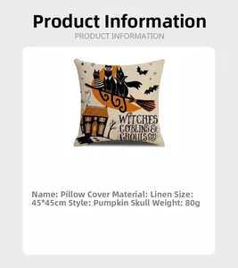 Detail view of Halloween linen pillowcase showing 45x45cm size and textured fabric material