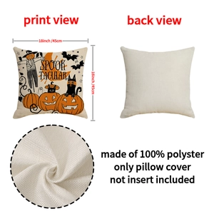 Halloween Spooktacular pillow cover with pumpkin and bat prints on linen fabric