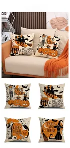 Detailed macro view showing textures of linen Halloween pillowcases with pumpkin prints