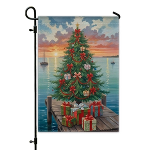 Double-sided linen garden flag with Christmas tree on seaside dock and metal pole