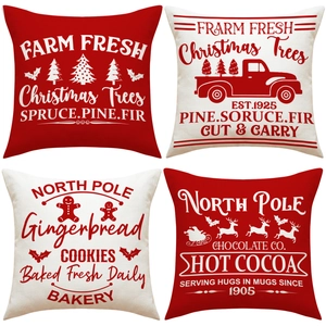 Christmas Pillow Covers Linen Blend Farmhouse Red Truck Tree Reindeer Reversible Cushion Cases For Sofa Couch Holiday Decor