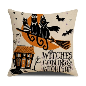 Halloween linen pillow case with witch cat and ghost patterns for festive home decor