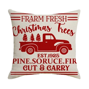 Linen Christmas pillow case featuring a red vintage truck and trees on beige fabric