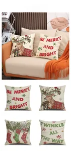 Detail showing four Christmas reindeer prints on textured linen pillow covers