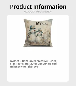 Detail of 45x45cm linen pillowcase featuring a snowman pattern and let it snow text