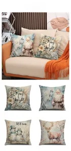 Detail of four festive Christmas pillow covers featuring reindeer and snowman patterns