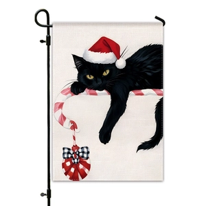 Christmas garden flag with black cat and candy cane on durable linen fabric
