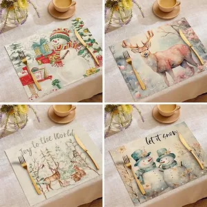 Sets de Table de Noël en Mélange de Lin Résistants à la Chaleur Avec Imprimés Renne Bonhomme de Neige pour Salle à Manger Fête