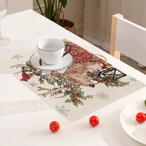 Gros plan d'un set de table en lin résistant à la chaleur avec motif renne aquarelle