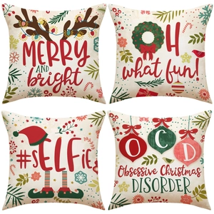Christmas Cushion Cover Linen Holiday Letter Print Decorative Pillow Case For Sofa Home Decor Square Festive Ornament