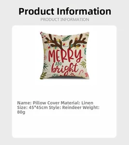 Linen Christmas pillowcase detail featuring 45x45cm size and reindeer design with text