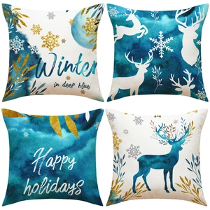 Fodera per Cuscino Natalizio con Alce in Acquerello Blu Oro Fiocco di Neve Renna Fodera per Cuscino Decorativo Quadrato Invernale Nordico per Divano Casa