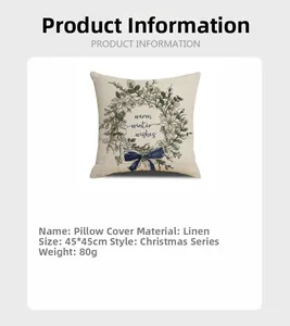 Linen Christmas wreath pillow cover 45x45cm with warm winter wishes text detail