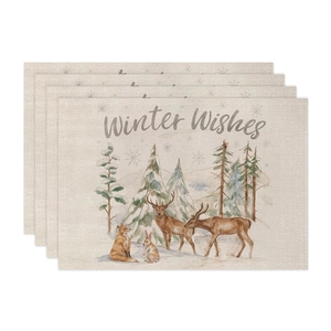 Lot de 4 sets de table en lin avec animaux de la forêt d'hiver et décor de Noël